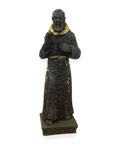 Estatua de piedra volcánica del Padre Pío con adornos de colores Panza