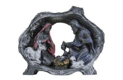 Nativity scene with lava stone trunk with coloured decorations Panza