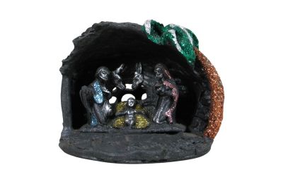 Nativity scene with palm trees in lava stone with coloured decorations Panza